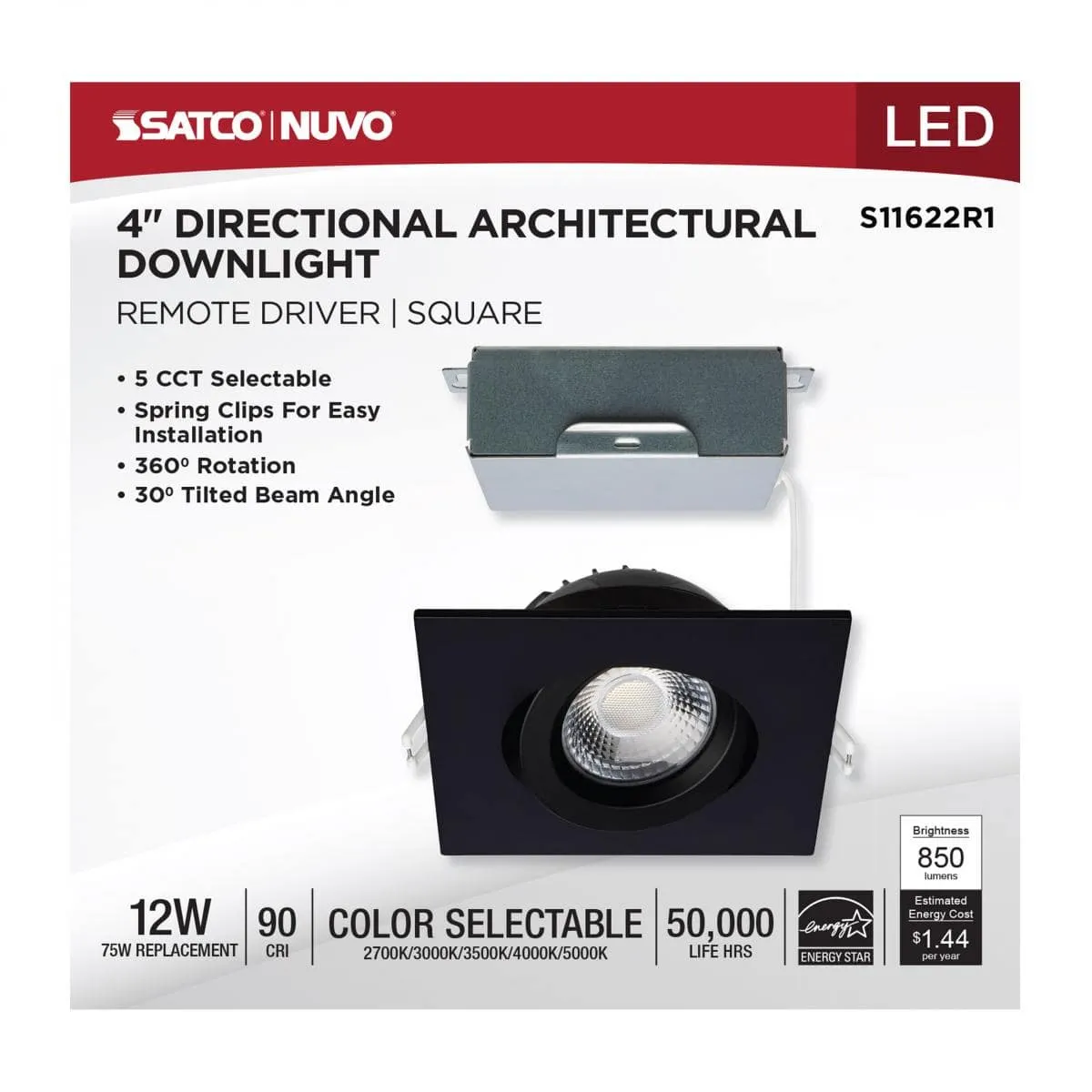 12 Watt LED Direct Wire Downlight; Gimbaled; 4 Inch; CCT Selectable; Square