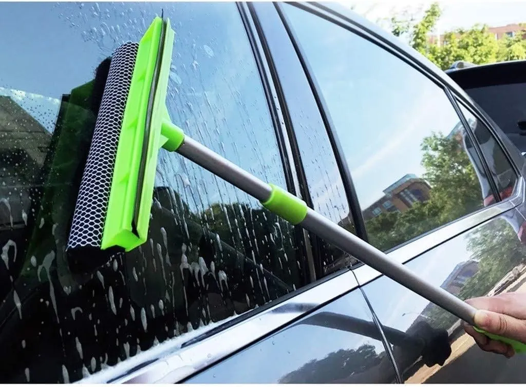 2-in-1 Window Cleaner Sponge and Soft Rubber Strip with Telescopic Extension Pole Drainer Wiper, Squeegee, Glass Wiper High Place Snow Brush Double-Sided Glass Cleaning [25 x100cm] (Dark Green)