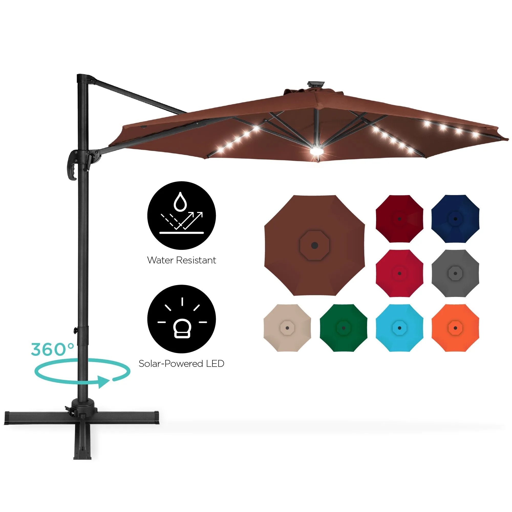 360-Degree LED Cantilever Offset Patio Umbrella w/ Tilt, 10ft