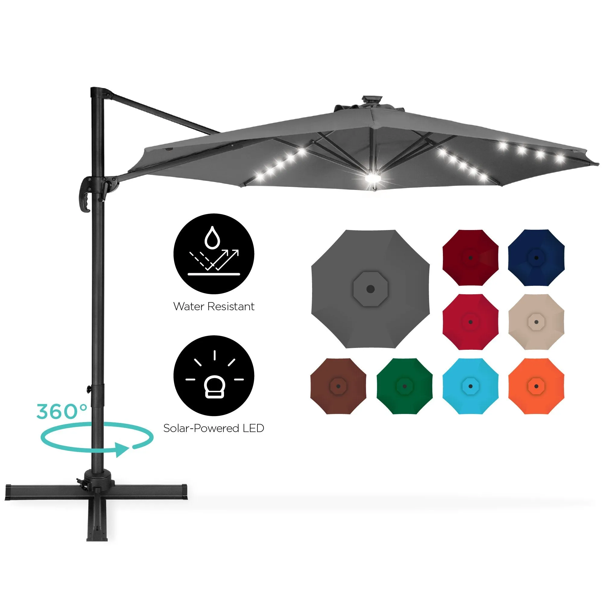 360-Degree LED Cantilever Offset Patio Umbrella w/ Tilt, 10ft