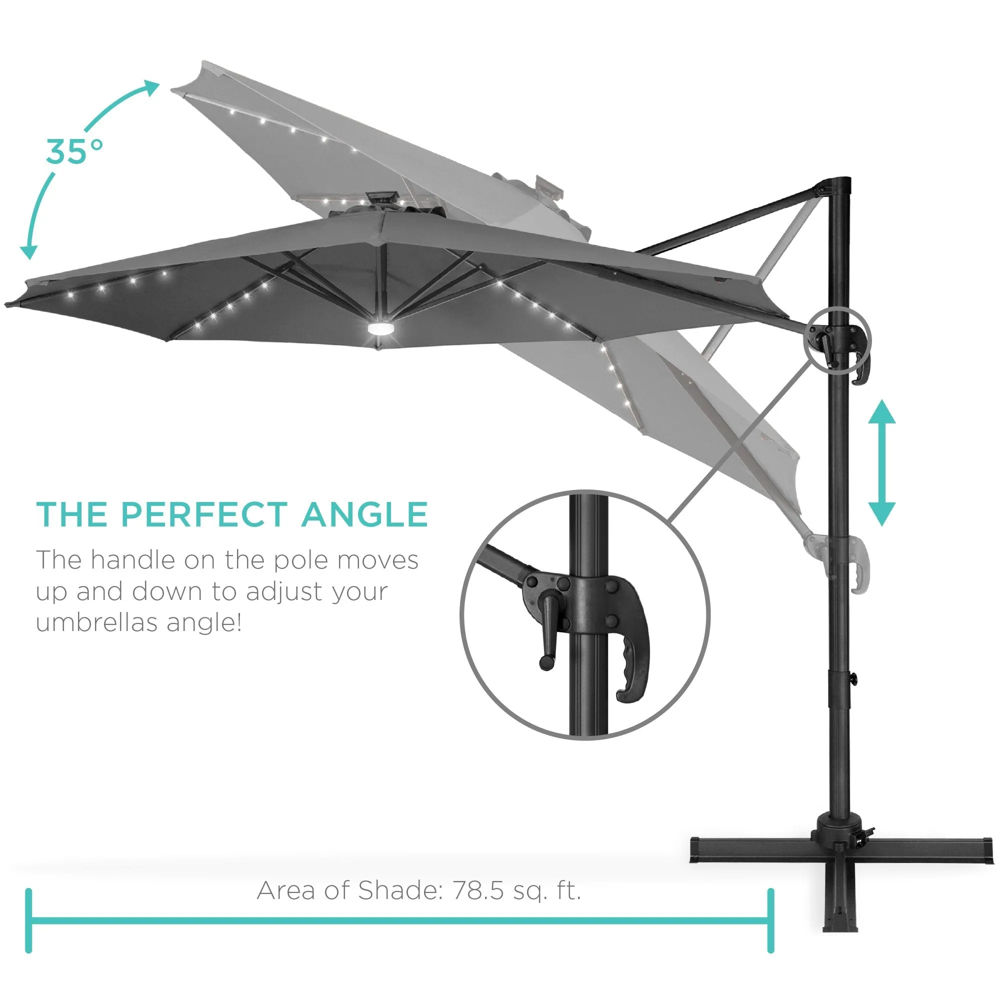 360-Degree LED Cantilever Offset Patio Umbrella w/ Tilt, 10ft