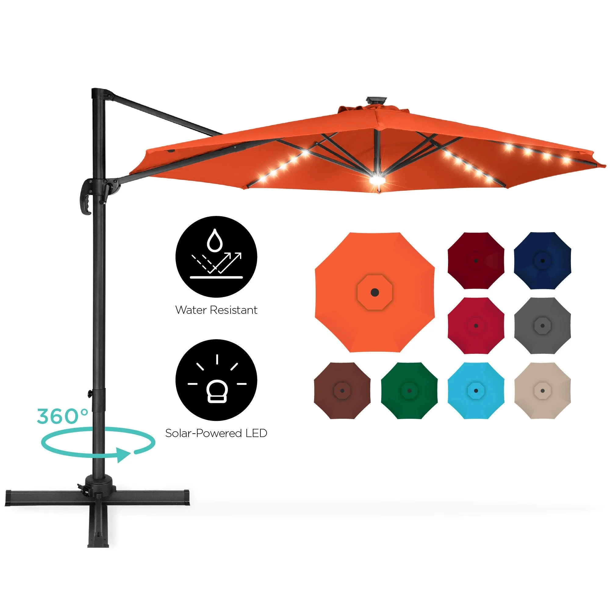 360-Degree LED Cantilever Offset Patio Umbrella w/ Tilt, 10ft