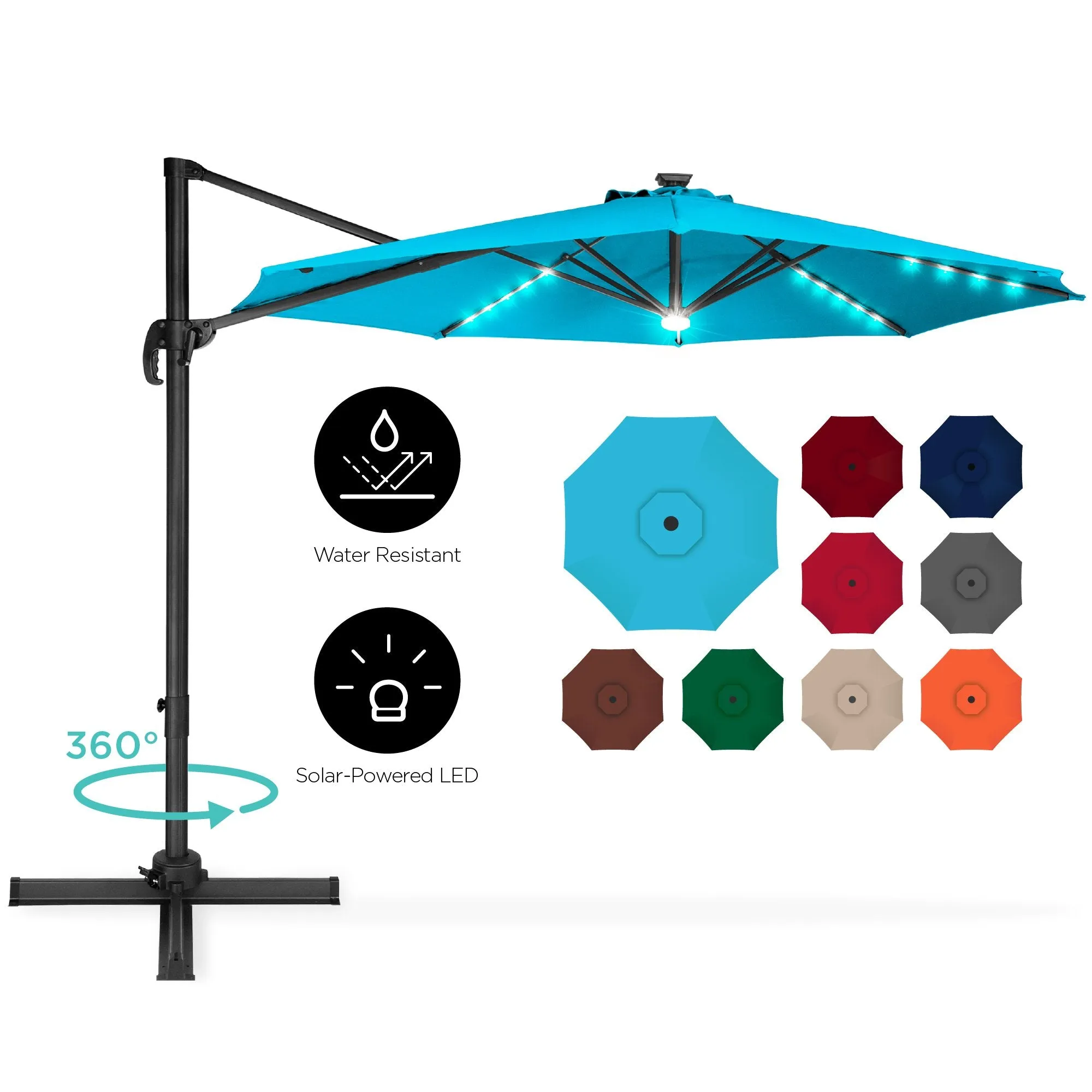 360-Degree LED Cantilever Offset Patio Umbrella w/ Tilt, 10ft