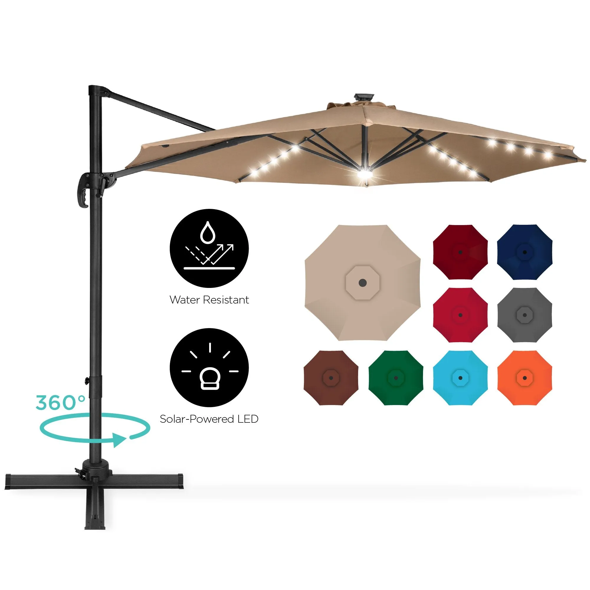 360-Degree LED Cantilever Offset Patio Umbrella w/ Tilt, 10ft