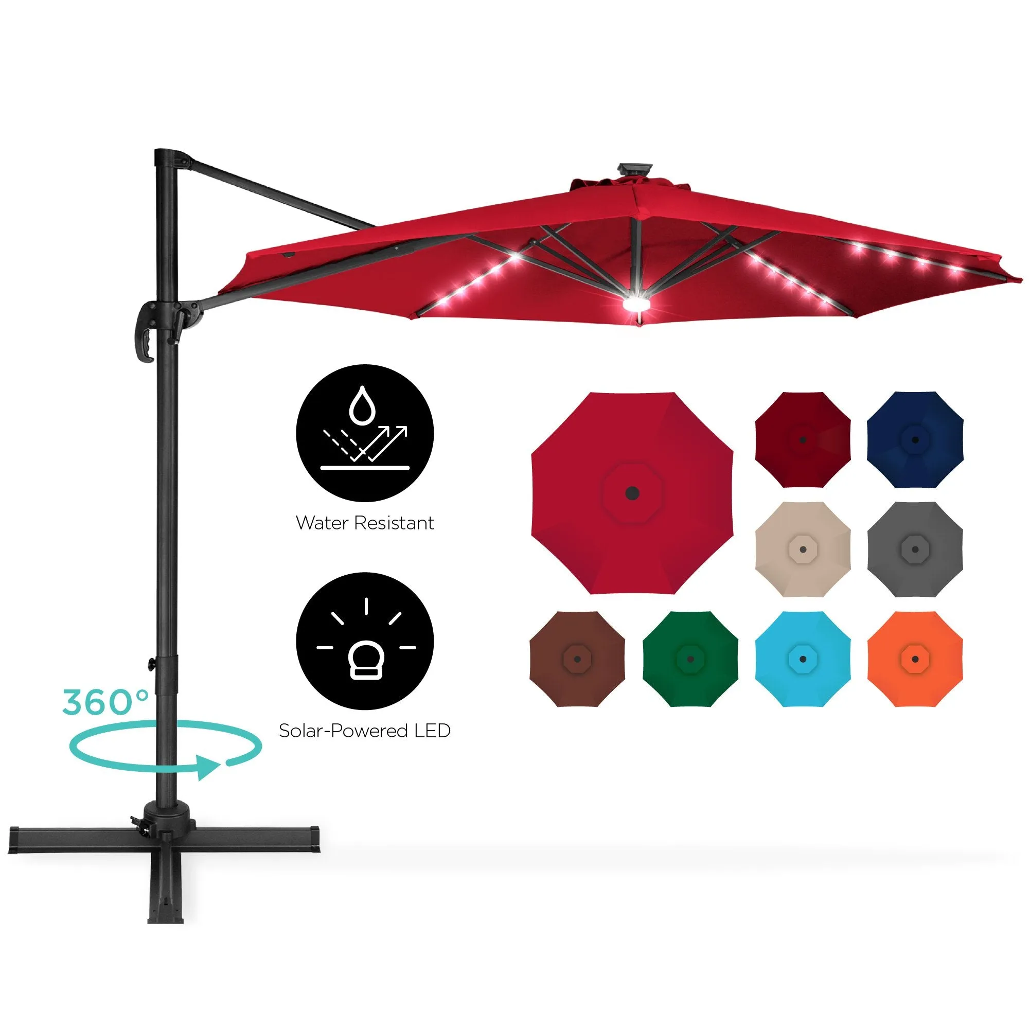 360-Degree LED Cantilever Offset Patio Umbrella w/ Tilt, 10ft