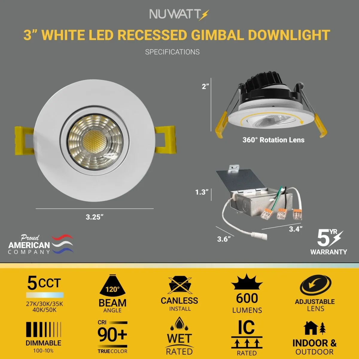 3" Inch Gimbal Recessed Light for Sloped Ceiling Canless LED Lighting - Wet Rated - 5CCT 2700K-5000K - 600LM