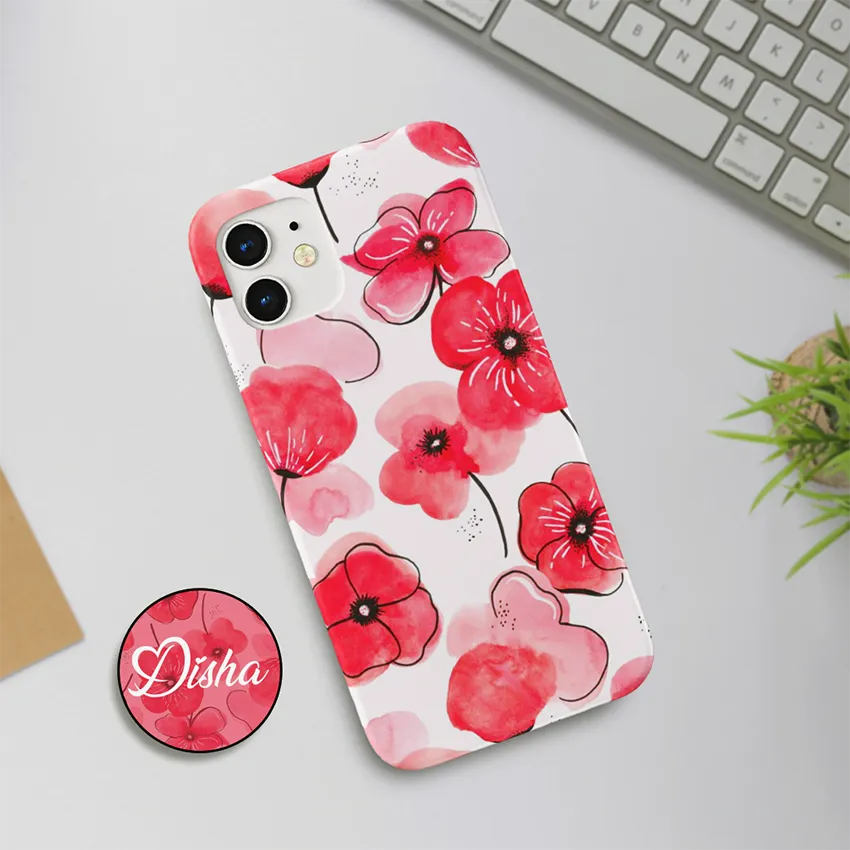 Aesthetic Pink Flower Slim Case Cover With Same Design Holder