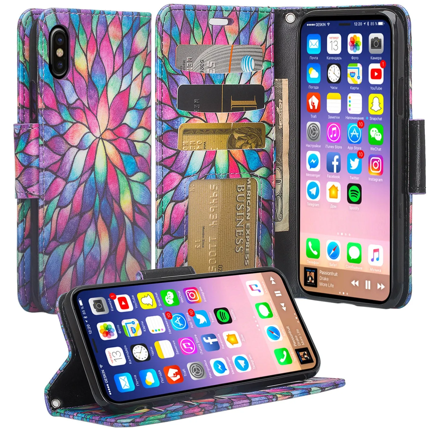 Apple iPhone X, Iphone 10 Case, Wrist Strap Faux Leather Flip [Kickstand] Protective Wallet Case Cover - Rainbow Flower