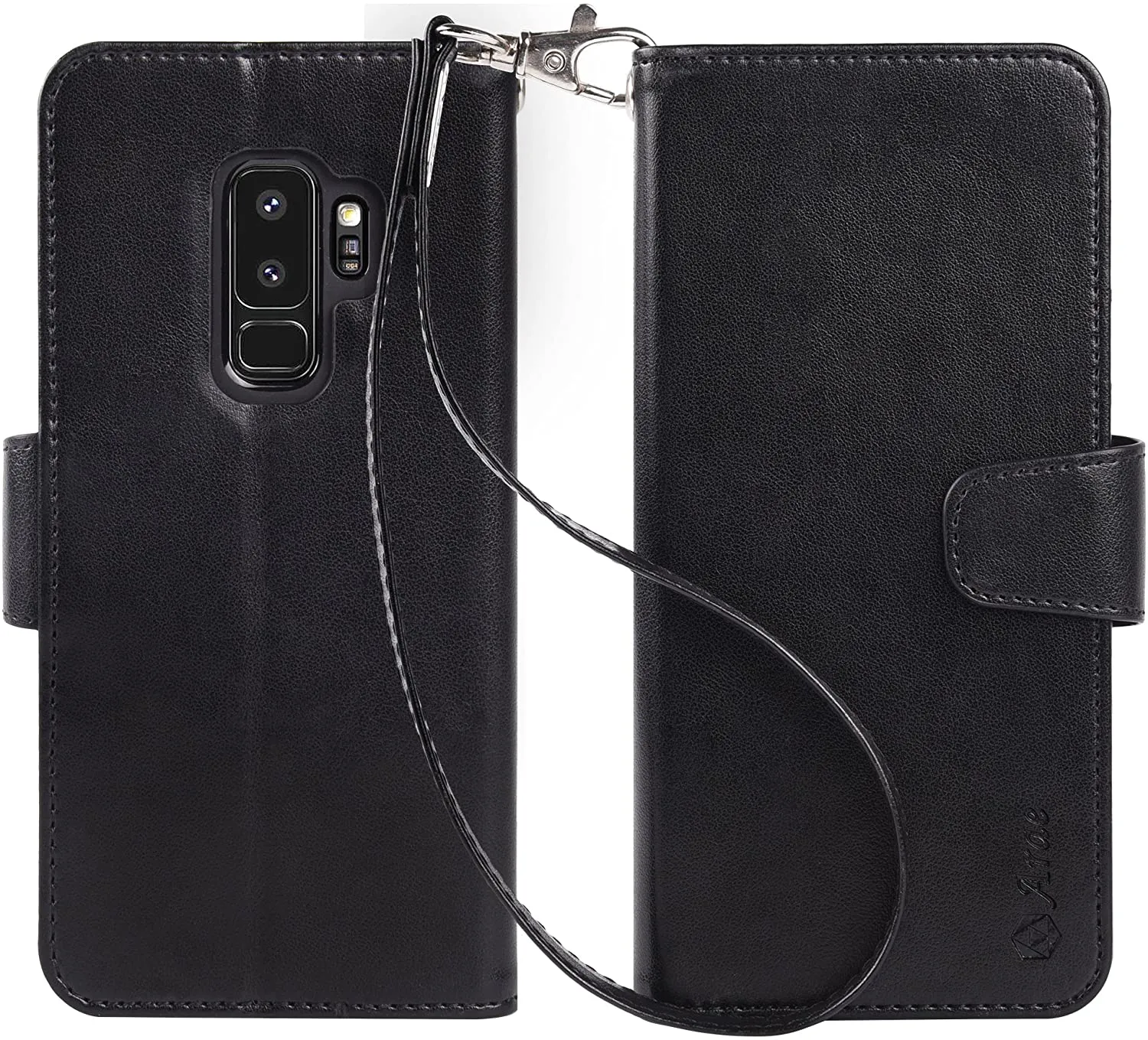 Arae Case Compatible for Samsung Galaxy S9 Plus, [Wrist Strap] Flip Folio [Kickstand Feature] PU Leather Wallet case with ID&Credit Card Pockets - Black