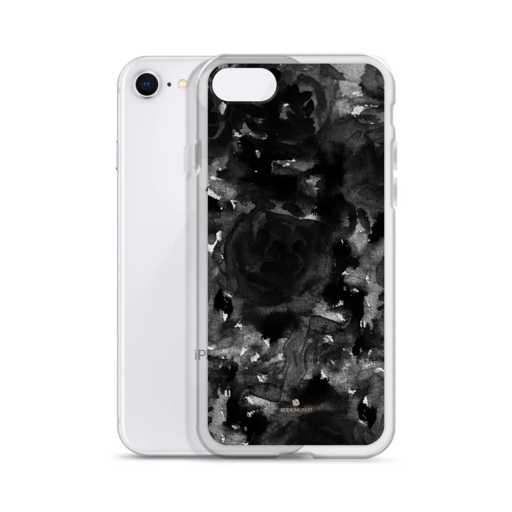 Black Floral Rose iPhone Case, Abstract Floral Art Watercolor Phone Case-Printed in USA/EU/MX