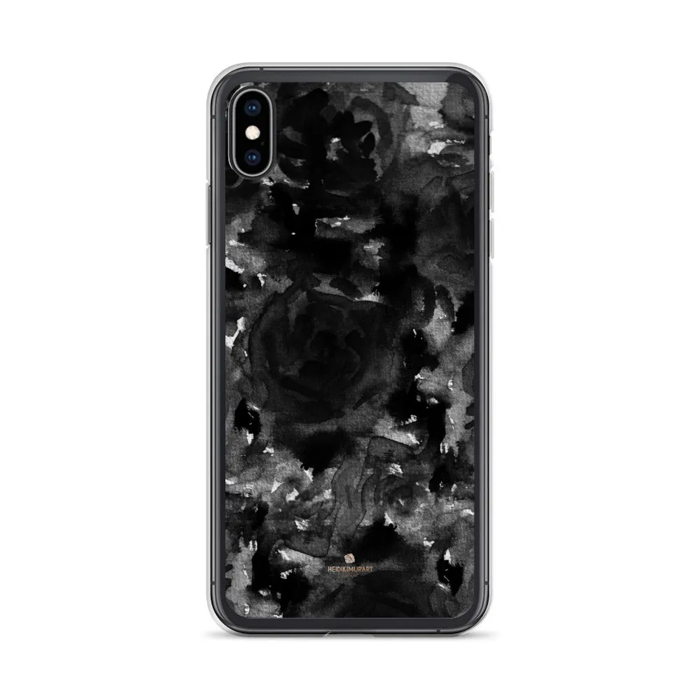 Black Floral Rose iPhone Case, Abstract Floral Art Watercolor Phone Case-Printed in USA/EU/MX