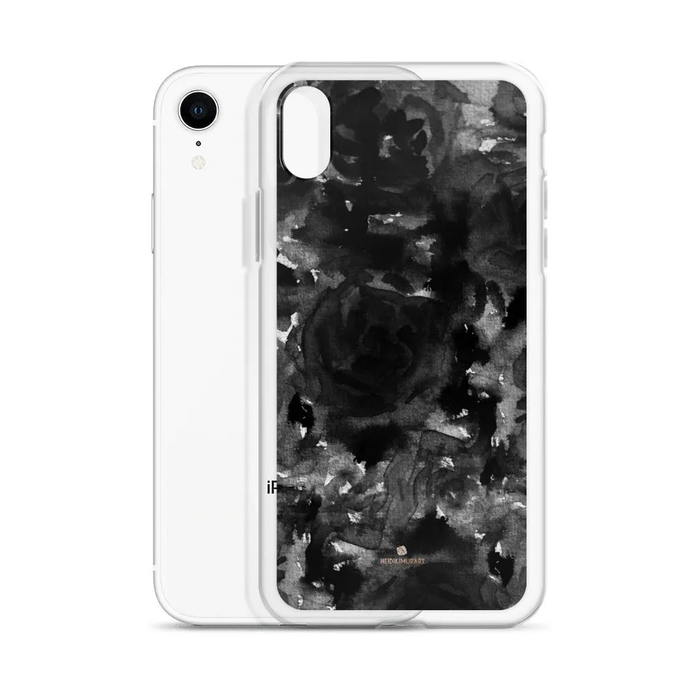 Black Floral Rose iPhone Case, Abstract Floral Art Watercolor Phone Case-Printed in USA/EU/MX