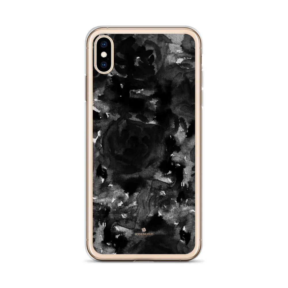 Black Floral Rose iPhone Case, Abstract Floral Art Watercolor Phone Case-Printed in USA/EU/MX