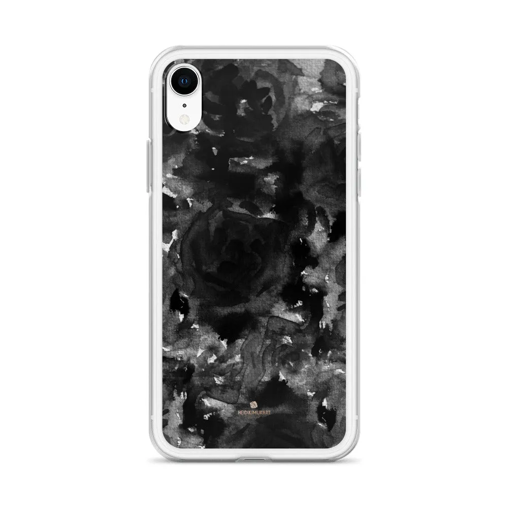 Black Floral Rose iPhone Case, Abstract Floral Art Watercolor Phone Case-Printed in USA/EU/MX