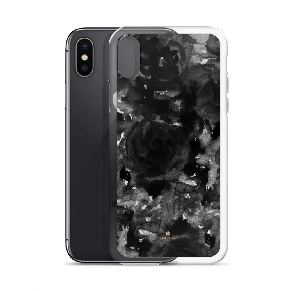 Black Floral Rose iPhone Case, Abstract Floral Art Watercolor Phone Case-Printed in USA/EU/MX