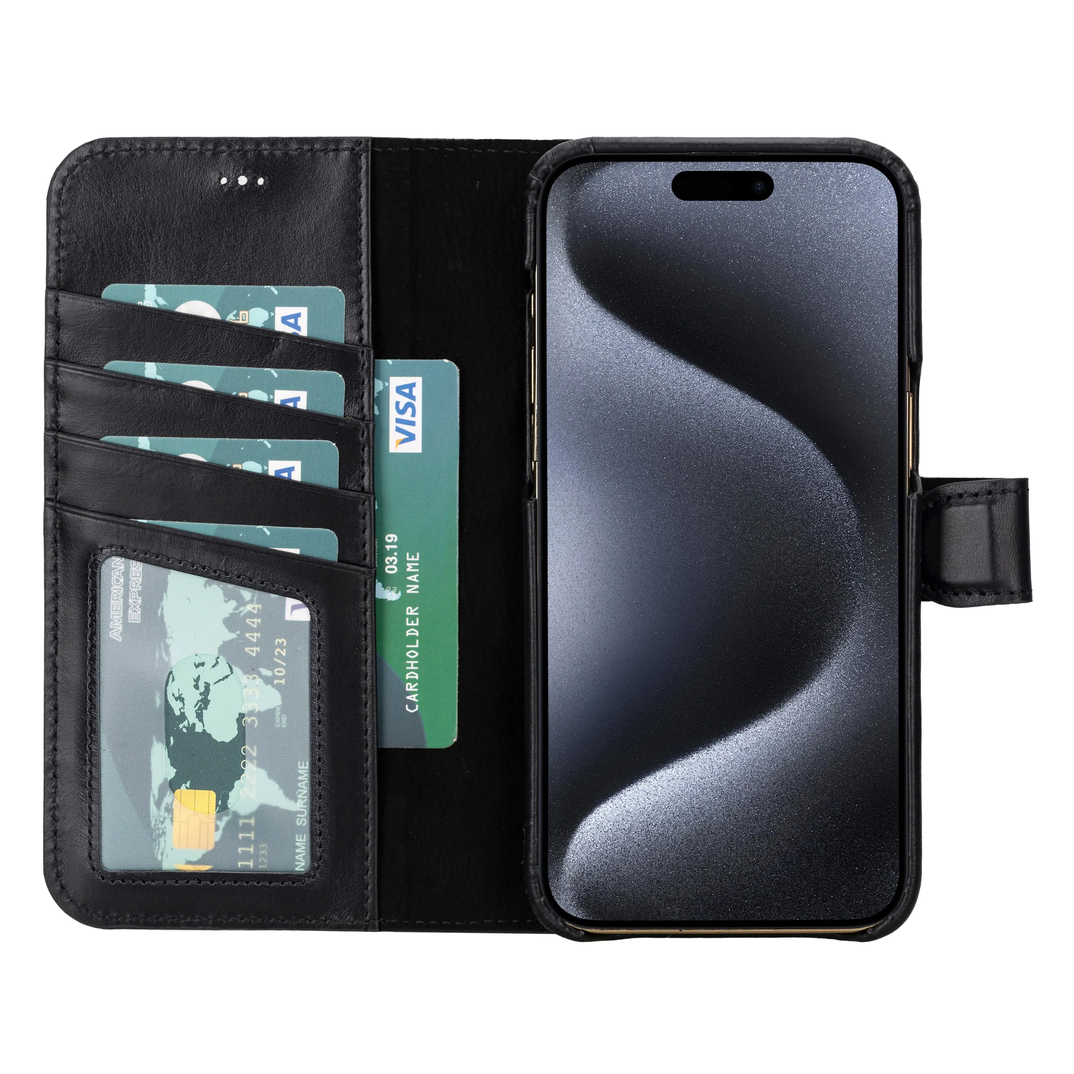 Black Leather iPhone 15 Pro Max Prestige Wallet Case