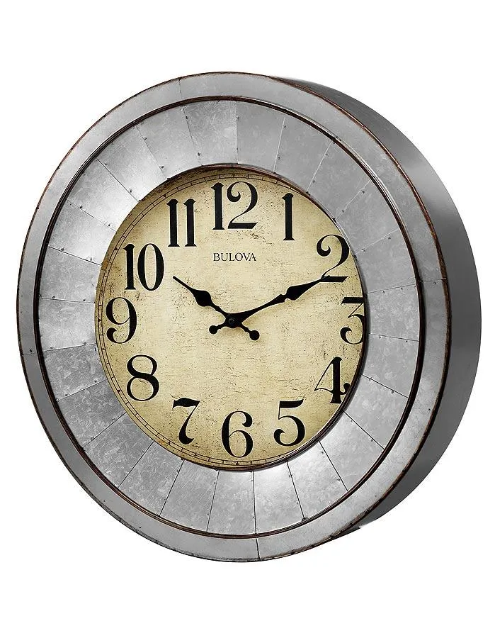 Bulova Industrial Wall Clock - Galvanized Silver Metal Finished Case - Aged Dial