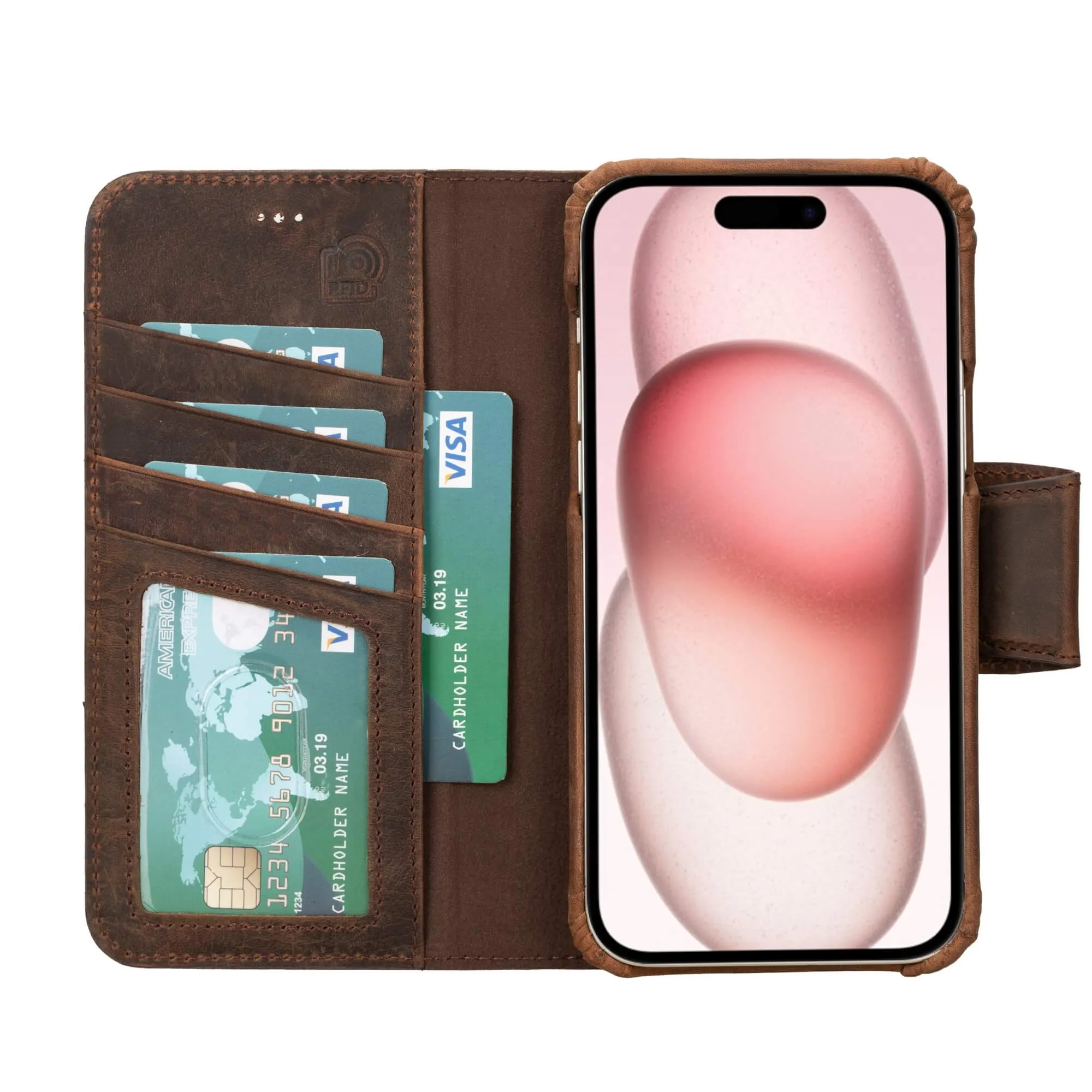 Burkley iPhone 14 Plus Wallet Case, Distressed Coffee