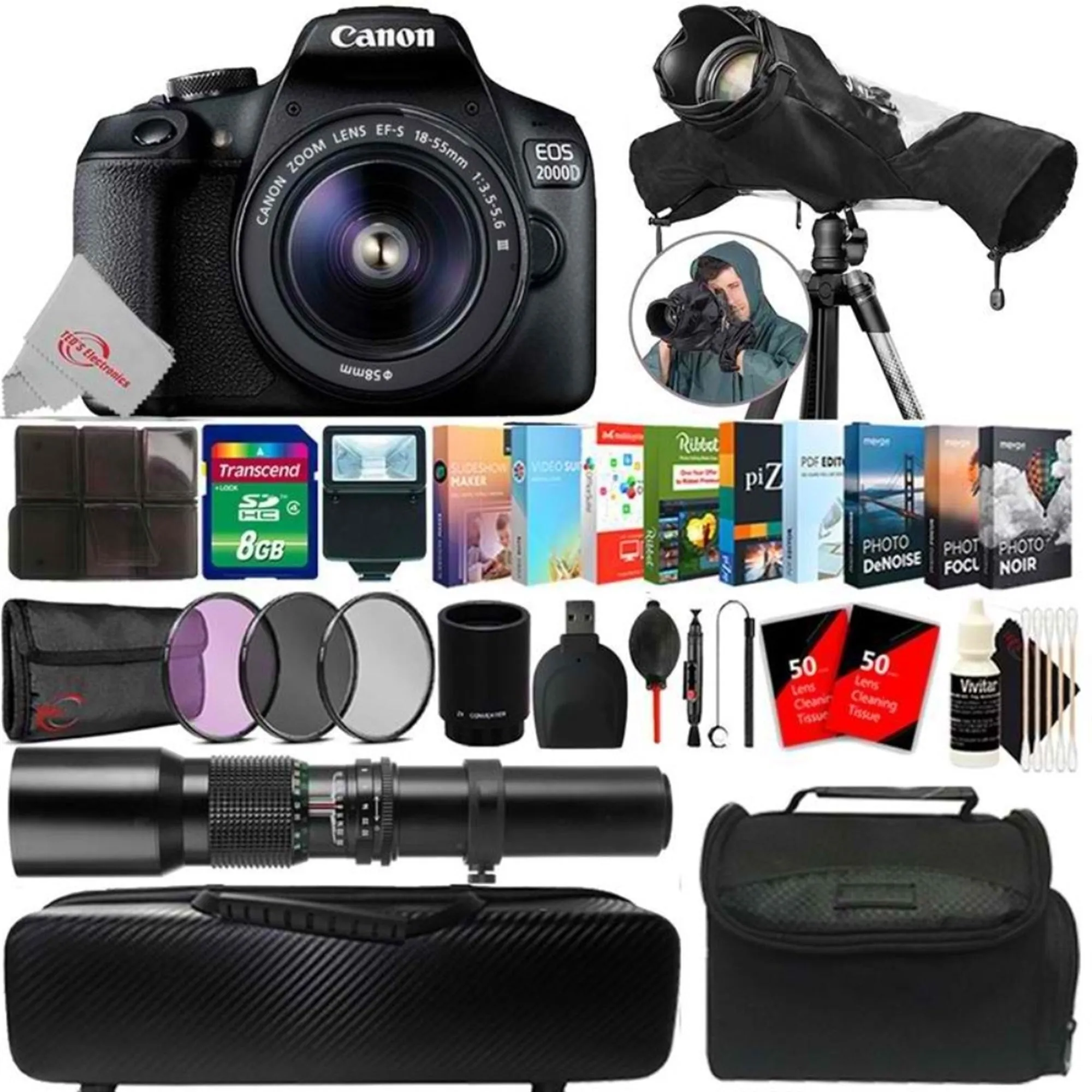 Canon EOS 2000D 24.1MP DSLR Camera   18-55mm   500mm Lens   2x Converter   T-Mount   Filter Kit   8GB Memory Card   Card Holder   Reader   Lens Pen   Dust Blower   Editing Software Bundle   Camera & Lens Case   100 Lens Tissue   Raincover   3pc Cleaning K