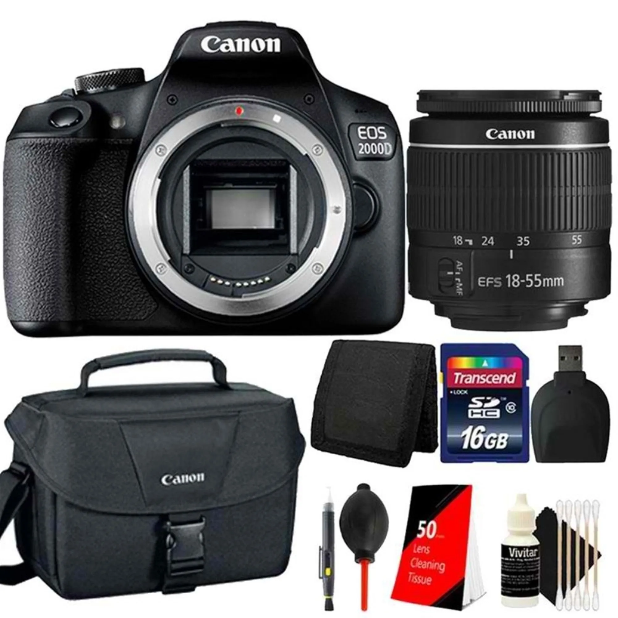 Canon EOS 2000D / Rebel T7 24.1MP Digital SLR Camera   EF-S 18-55mm lens   16GB Accessory Kit