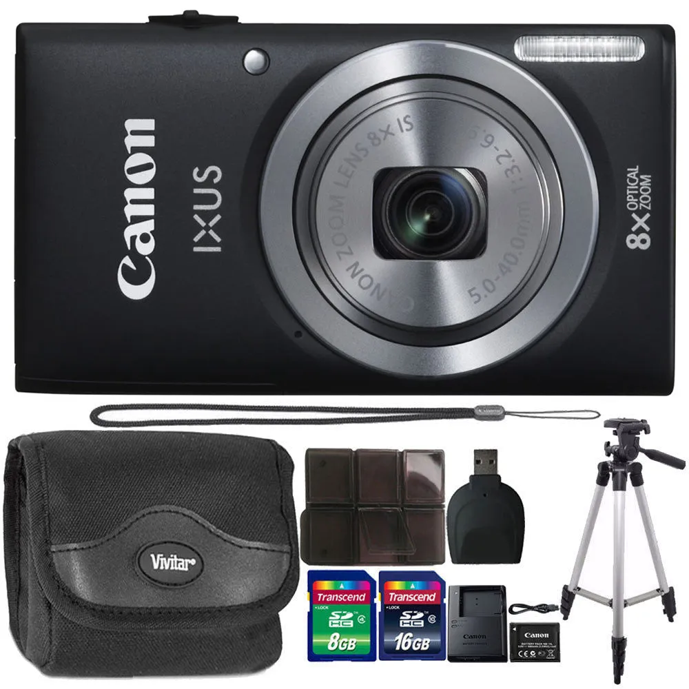 Canon IXUS 185 / ELPH 180 20.0MP Digital Camera 8x Optical Zoom Black with 24GB Accessory Kit