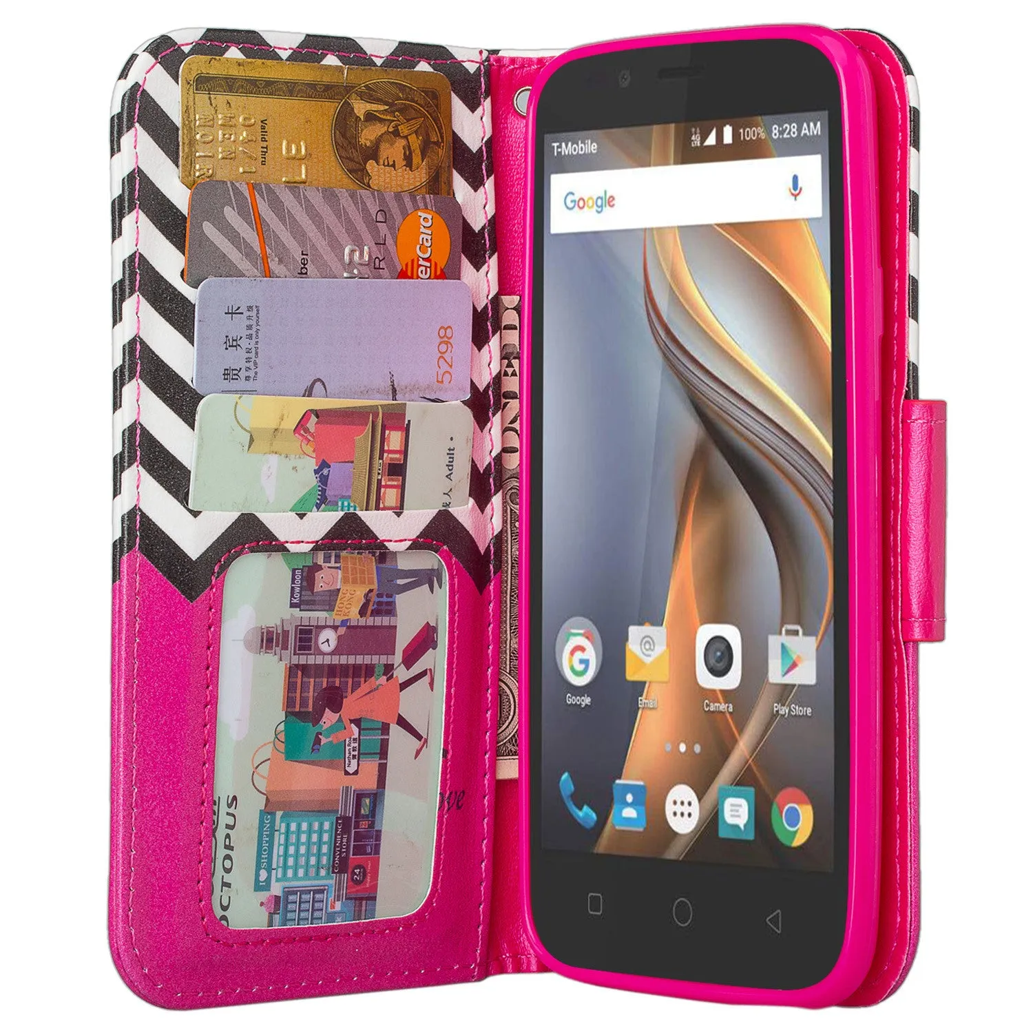 Coolpad Catalyst Case,  Wrist Strap Pu Leather Magnetic Flip Fold[Kickstand] Wallet Case with ID & Card Slots for Coolpad Catalyst - Hot Pink Anchor