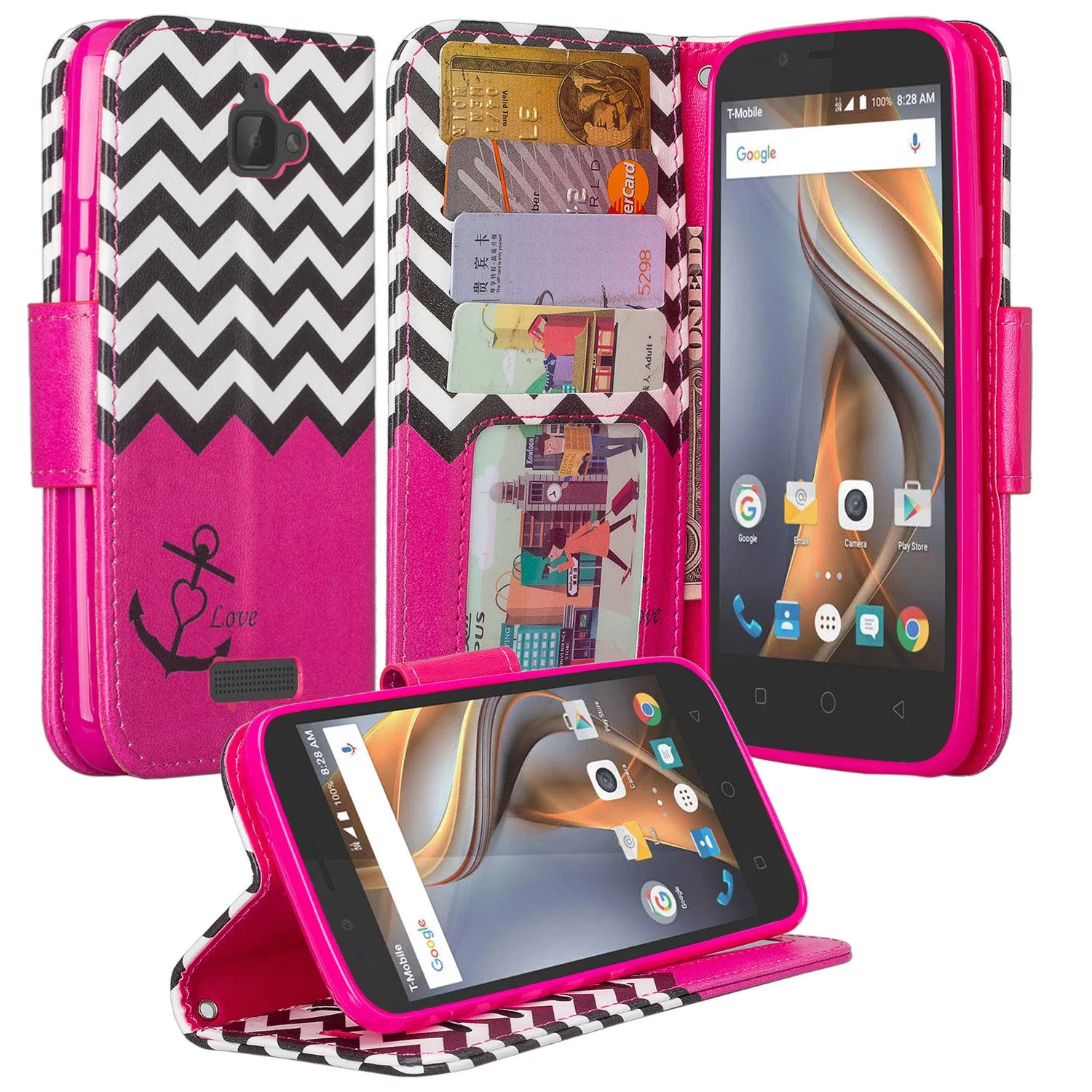 Coolpad Catalyst Case,  Wrist Strap Pu Leather Magnetic Flip Fold[Kickstand] Wallet Case with ID & Card Slots for Coolpad Catalyst - Hot Pink Anchor