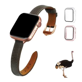 Dark Brown Flat Ostrich Leather Band Compatible Apple Watch Iwatch 41mm Screen Protector Case Gold Adapter Replacement Strap For Smartwatch Series 7 8 Leather Handmade AW-183G-W-41MM