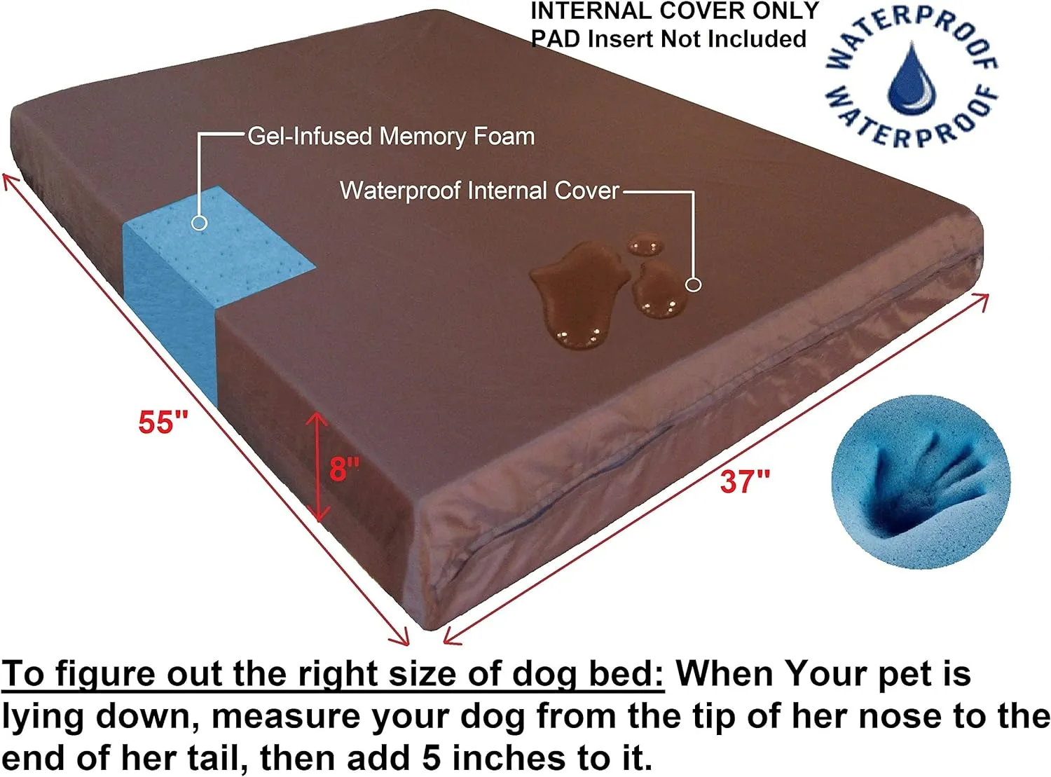 Dogbed4less Jumbo Extra Large Gel Infused Memory Foam Dog Bed with Heavy Duty Cover and Waterproof Liner, 55X37X8 Inches