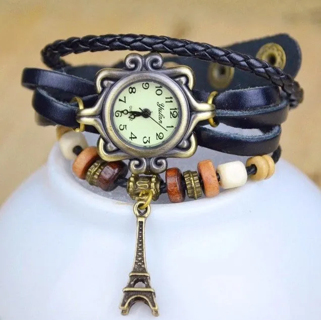 Eiffel Tower Pendant Bracelet Watches New Arrivals High Quality Women Genuine Leather Vintage wristwatches