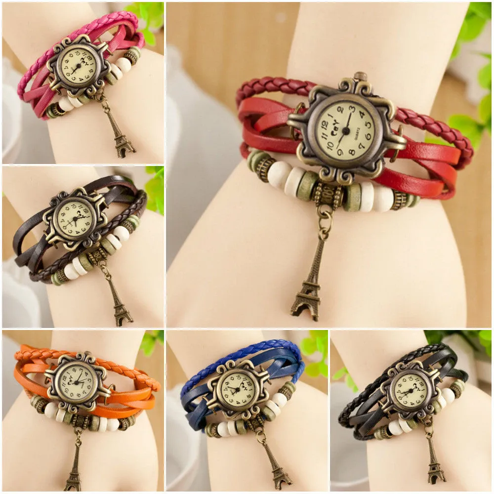 Eiffel Tower Pendant Bracelet Watches New Arrivals High Quality Women Genuine Leather Vintage wristwatches