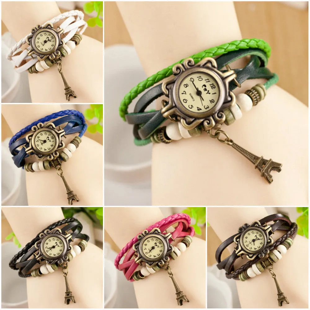 Eiffel Tower Pendant Bracelet Watches New Arrivals High Quality Women Genuine Leather Vintage wristwatches