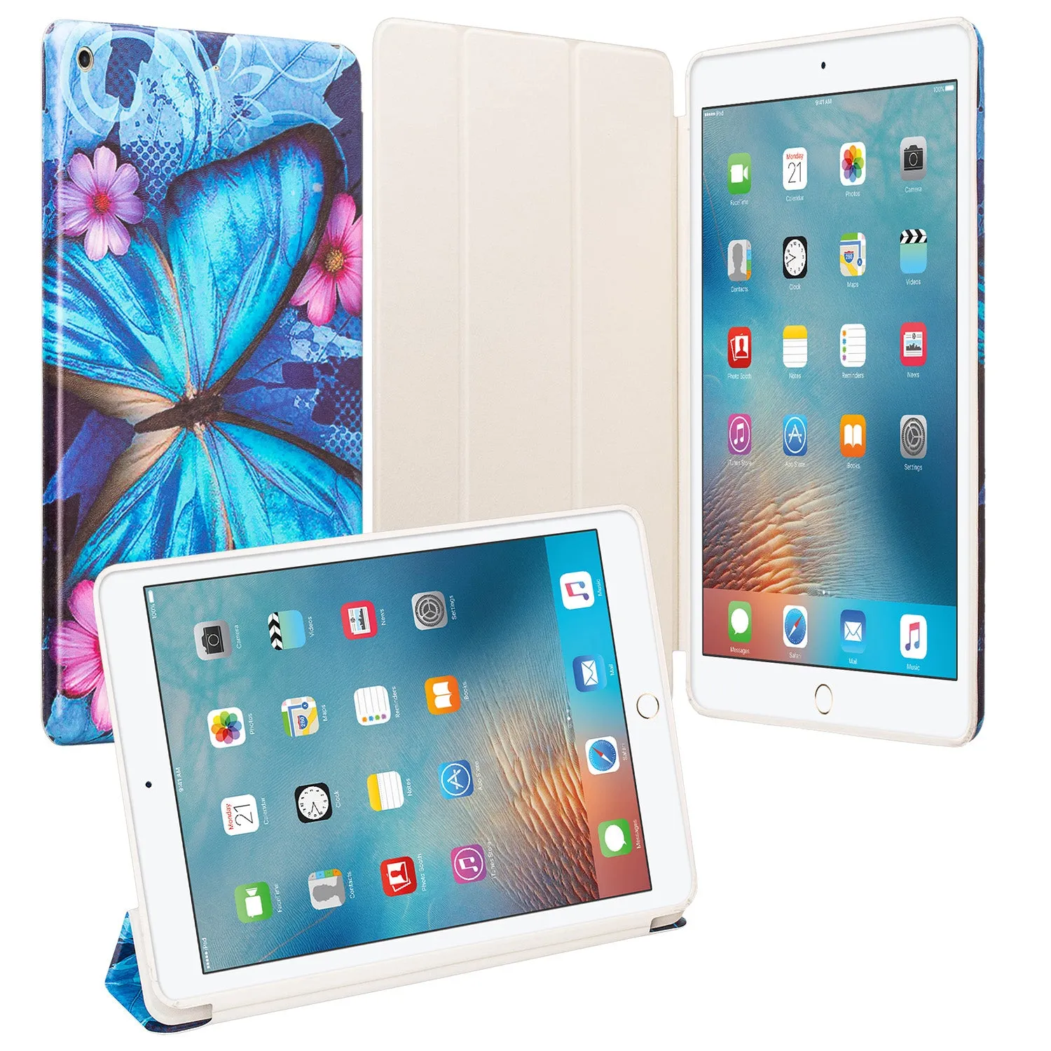 For Apple iPad 9.7 Inch 2017 - Premium PU Leather Folio Smart Cover w/Auto Sleep/Wake for iPad 9.7 In 2017 Release - Blue Butterfly