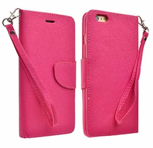 For Apple iPhone 6s Plus Case / 6 Plus Case, Wrist Strap Pu Leather Magnetic Fold[Kickstand] Wallet Case with ID & Card Slots for Iphone 6S Plus/6 Plus - Hot Pink