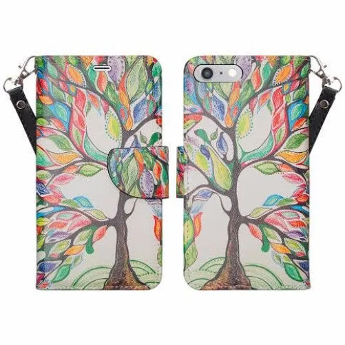 For Apple iPhone 8 Case,  Wrist Strap Pu Leather Magnetic Flip Fold[Kickstand] Wallet Case with ID & Card Slots for iPhone 8 - Colorful Tree