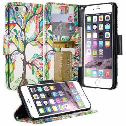 For Apple iPhone 8 Case,  Wrist Strap Pu Leather Magnetic Flip Fold[Kickstand] Wallet Case with ID & Card Slots for iPhone 8 - Colorful Tree