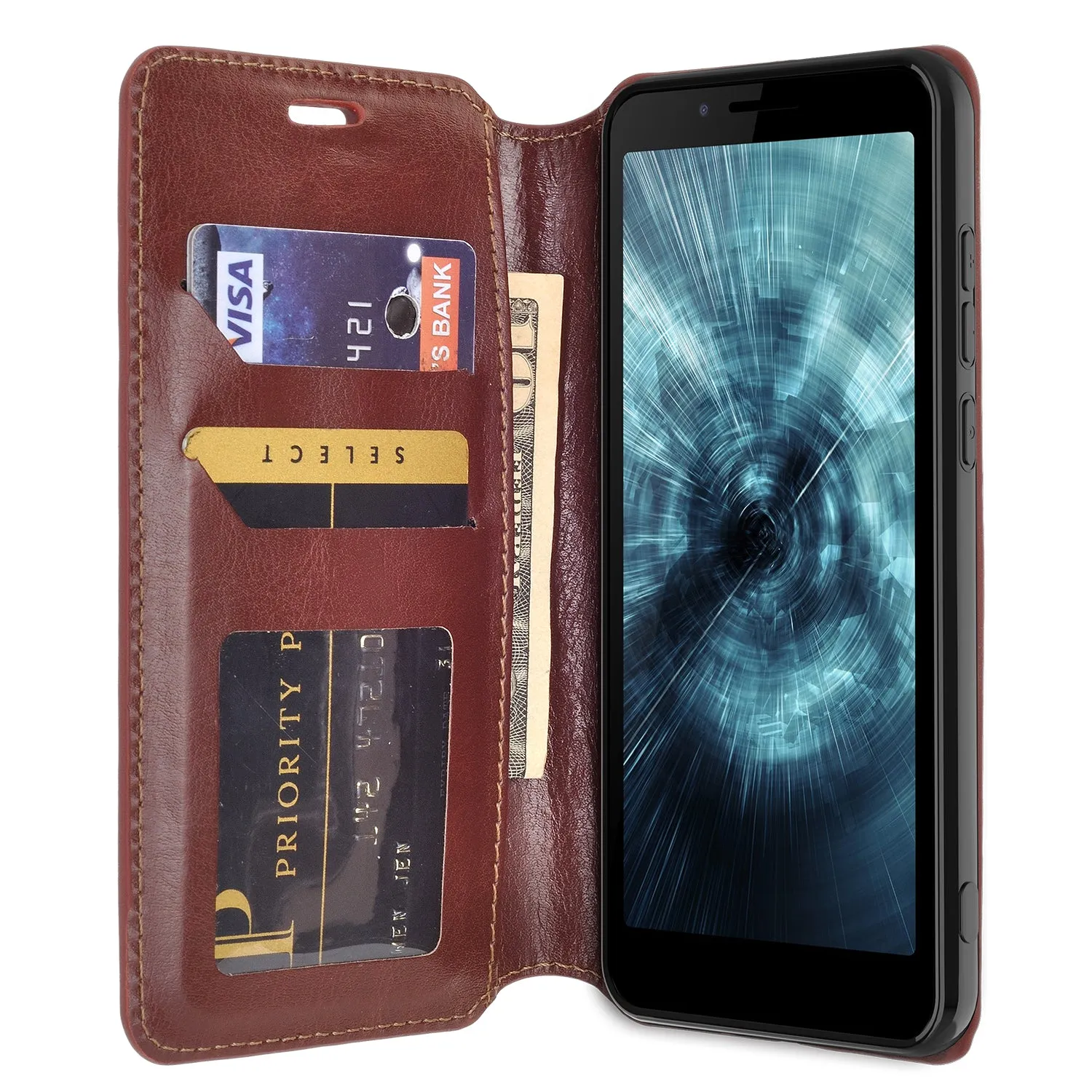 For Boost Schok Volt SV55 Case, Slim Flip Folio [Kickstand] Pu Leather Wallet Case with ID & Card Slots & Pocket - Brown