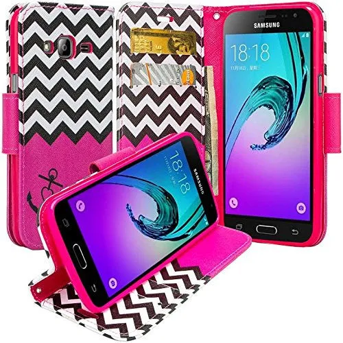 Galaxy J7 2016 Case, Magnetic Fold[Kickstand] Pu Leather Wrist Strap Wallet Case with ID & Credit Card Slot for Samsung Galaxy J7 2016 / J710 - Hot Pink Anchor