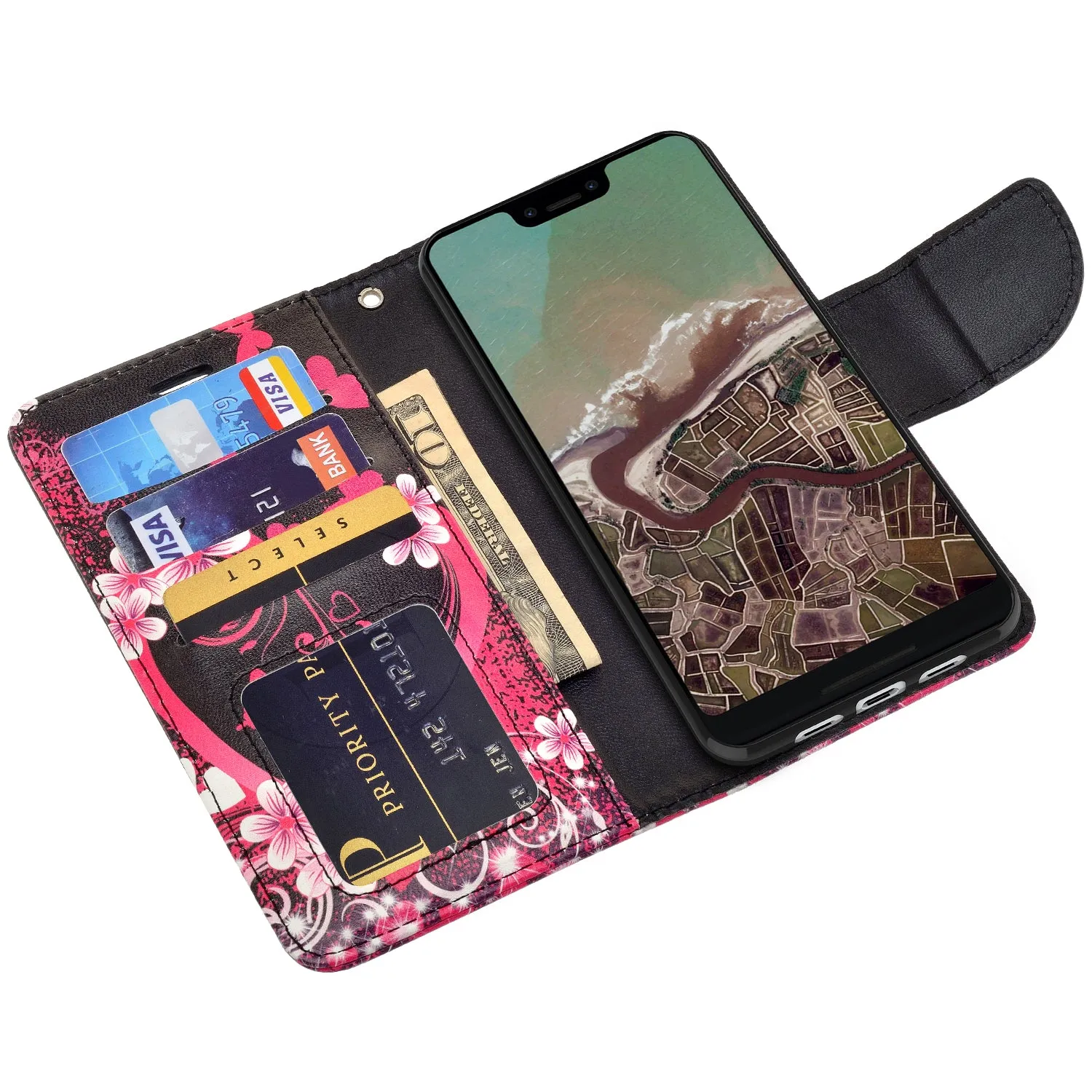 Google Pixel 3a Case, Pixel 3a Wallet Case, Wrist Strap Pu Leather Wallet Case [Kickstand] with ID & Credit Card Slots - Heart Butterflies