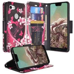 Google Pixel 3a Case, Pixel 3a Wallet Case, Wrist Strap Pu Leather Wallet Case [Kickstand] with ID & Credit Card Slots - Heart Butterflies