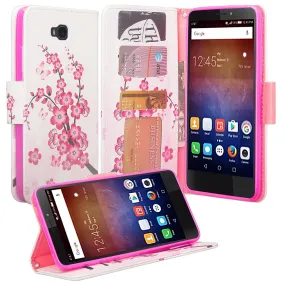 Huawei Ascend XT Wallet Case, Wrist Strap Pu Leather Magnetic Flip Fold[Kickstand] with ID & Card Slots for Huawei Ascend XT - Cherry Blossom