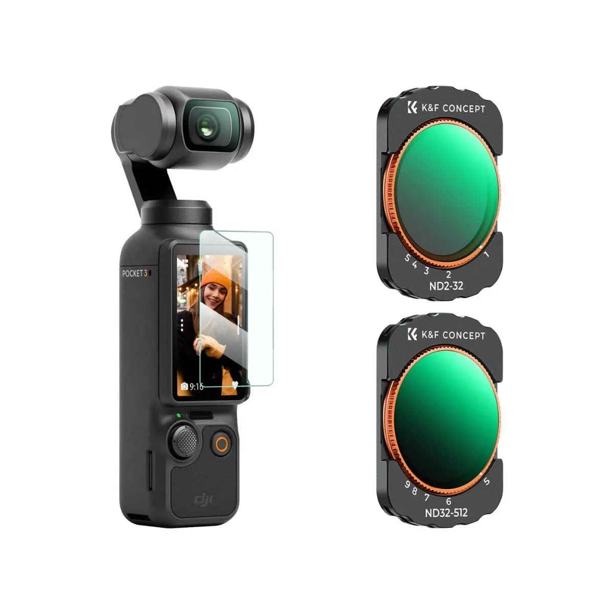 K&F Concept Variable Neutral Density Filter Kit for DJI OSMO POCKET 3 Camera with ND2-32, ND32-512 Lens Filters, and LCD Screen Protector