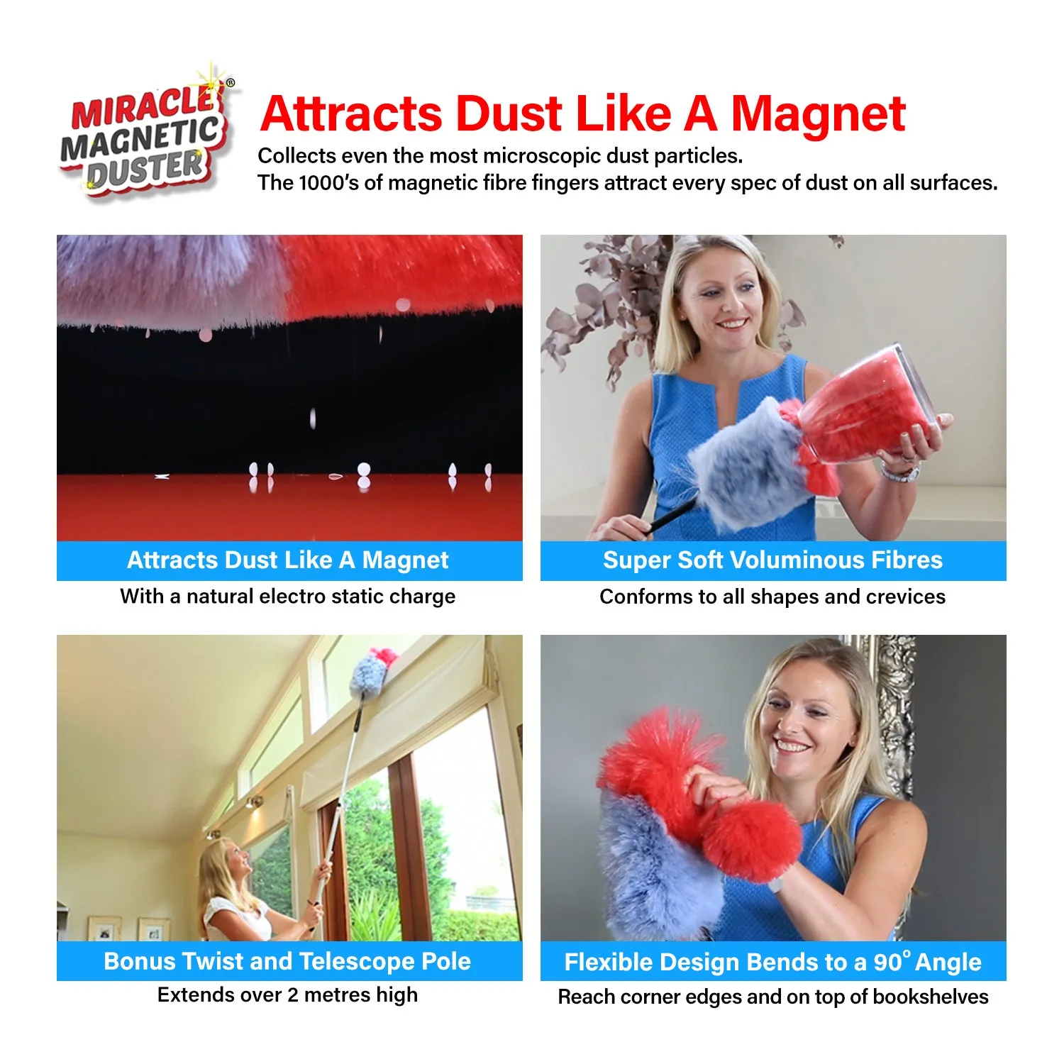 Kleva Miracle Magnetic Duster® Attracts Dust Like A Magnet!   2 Meter Long Extension Pole