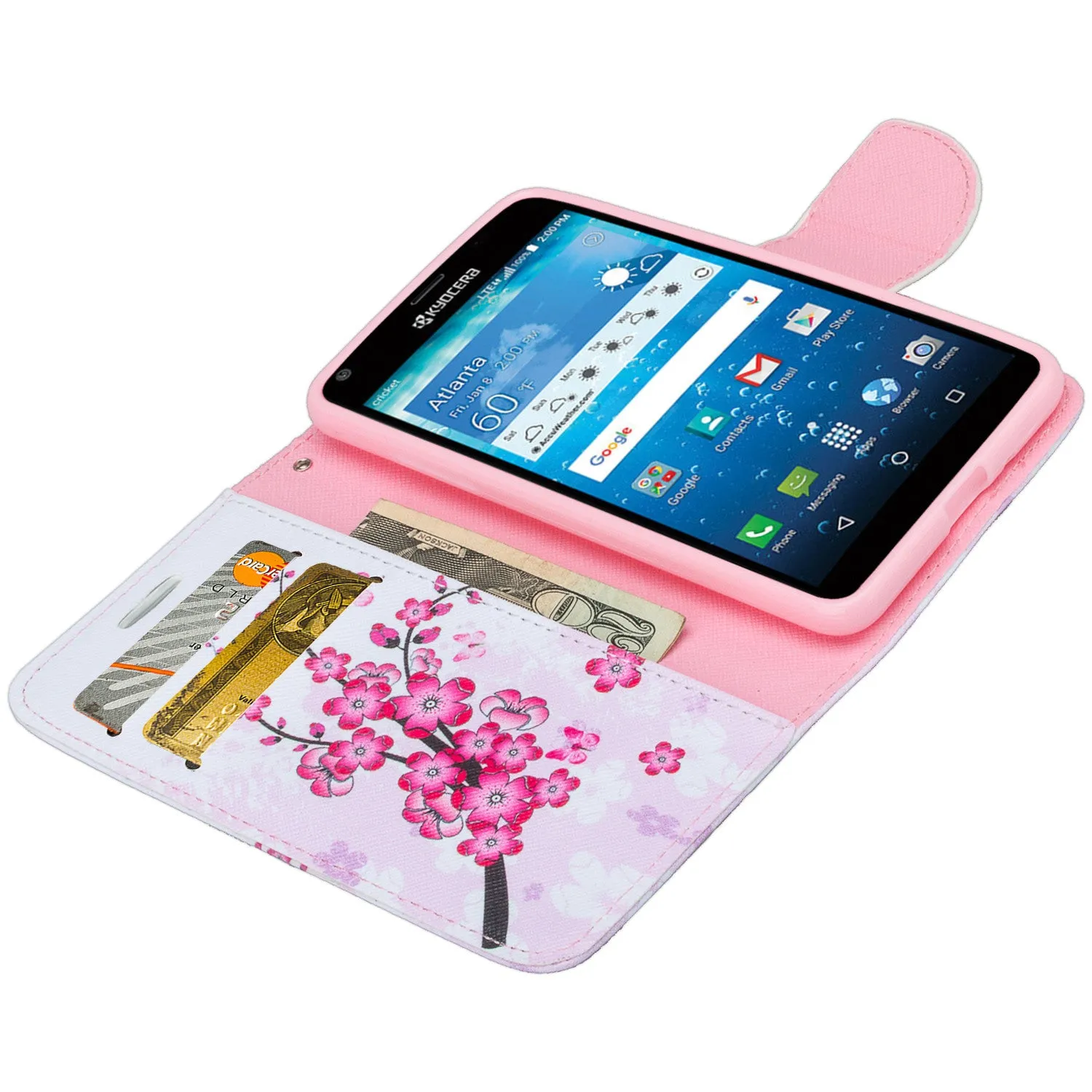 Kyocera Hydro View Wallet Case, Wrist Strap Pu Leather Magnetic Flip Fold[Kickstand] with ID & Card Slots for Kyocera Hydro View - Cherry Blossom