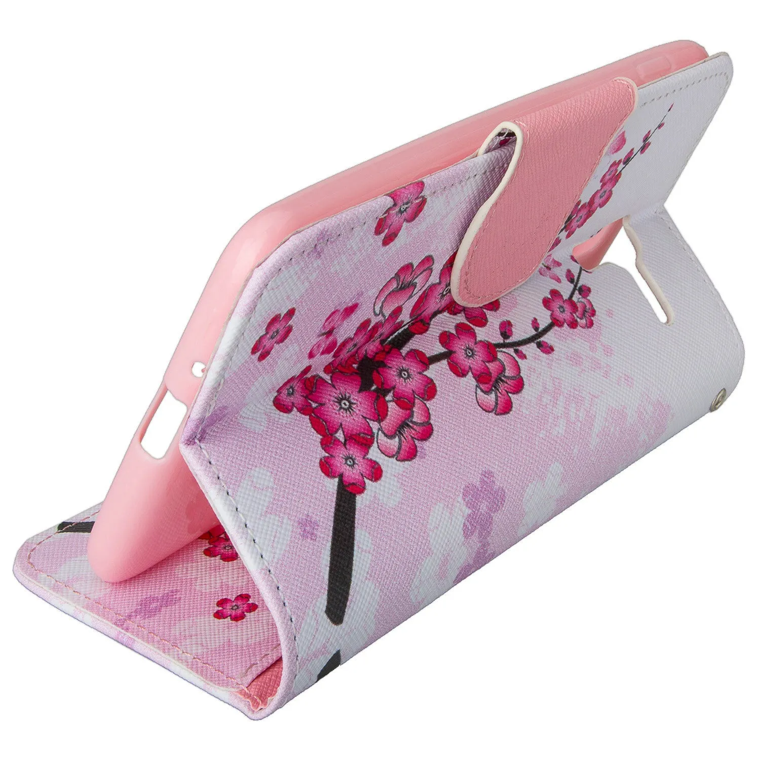 Kyocera Hydro View Wallet Case, Wrist Strap Pu Leather Magnetic Flip Fold[Kickstand] with ID & Card Slots for Kyocera Hydro View - Cherry Blossom