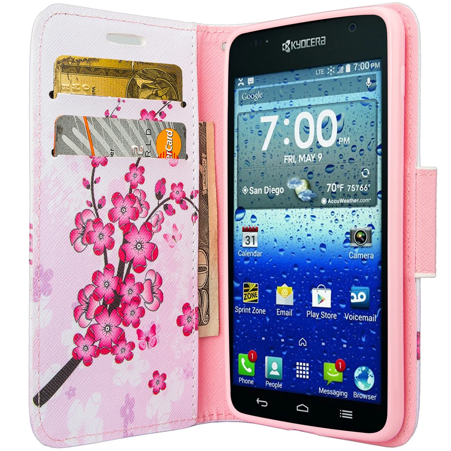 Kyocera Hydro View Wallet Case, Wrist Strap Pu Leather Magnetic Flip Fold[Kickstand] with ID & Card Slots for Kyocera Hydro View - Cherry Blossom