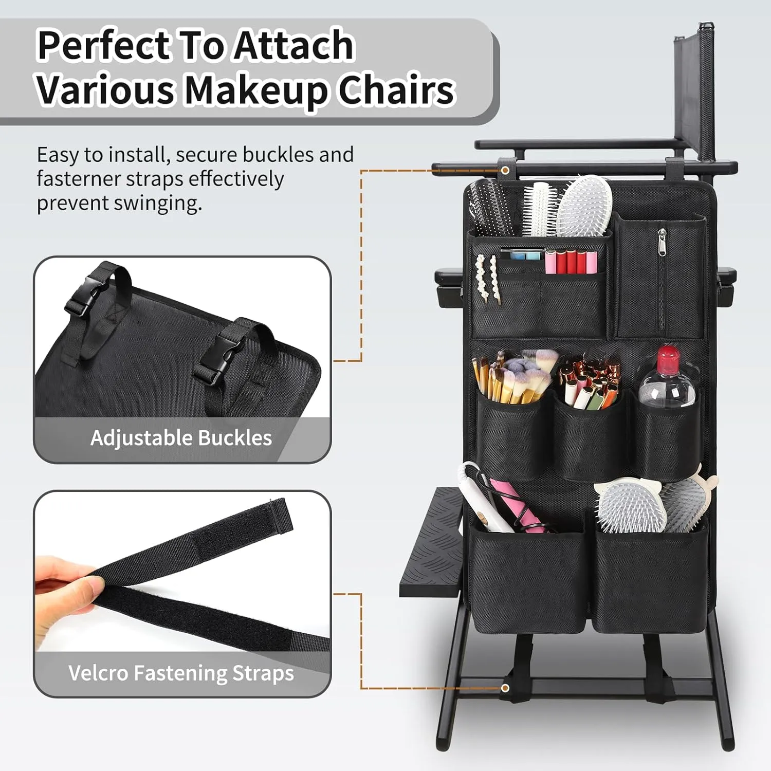 Large Capacity Side Hanging Storage Bag for Makeup Chair with Multiple Pockets