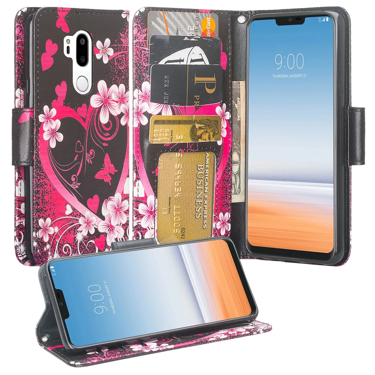 LG G7 ThinQ Case, LM-G710, G7  ThinQ Wallet Case, Wrist Strap Pu Leather Wallet Case [Kickstand] with ID & Credit Card Slots - Heart Butterfies