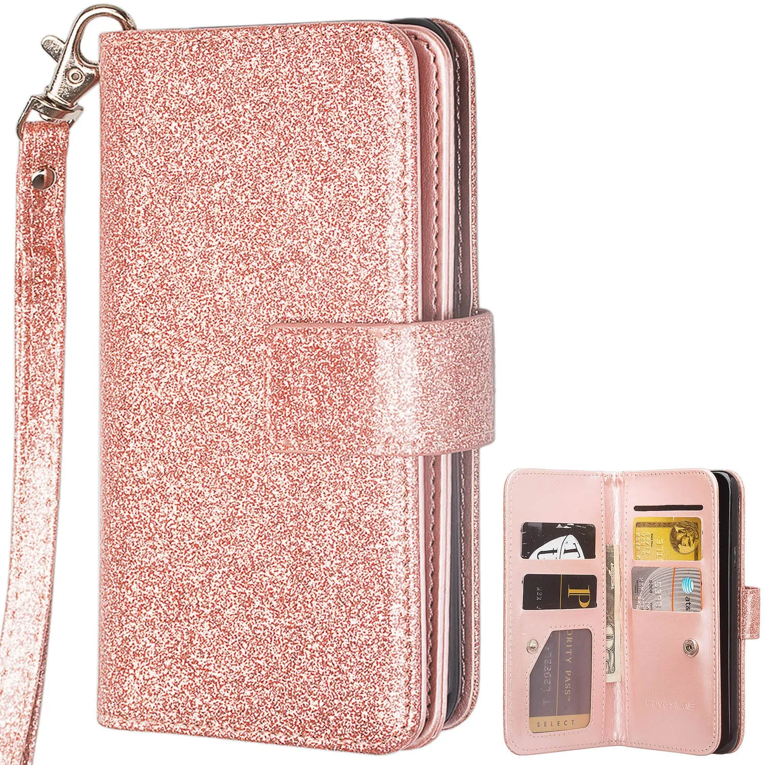 LG K10 (2018) Case, K30, Premier Pro, K10 Plus, Phoenix Plus, Xpression Plus, K10α, X4 Plus, X410, MS245, Wrist Strap Glitter Leather Flip Kickstand Protective Wallet Cover Clutch - Rose Gold