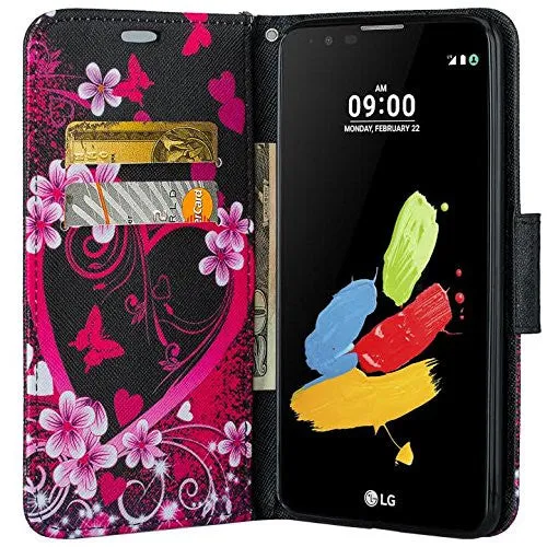 LG K10 / LG Premier LTE Case, Wrist Strap Magnetic Fold[Kickstand] Pu Leather Wallet Case with ID & Credit Card Slots - Heart Butterflies